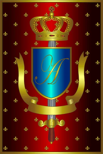 剣の板と王冠のついた腕のベクトル図金のユリの赤い背景 — ストックベクタ