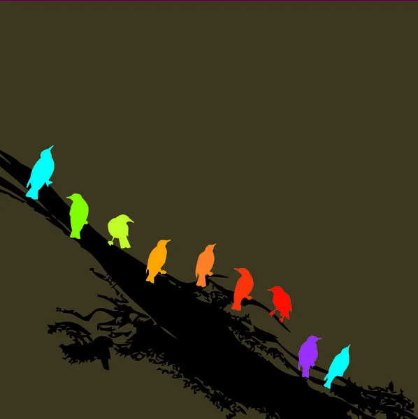 An arrangement of birds on a branch in rainbow colors