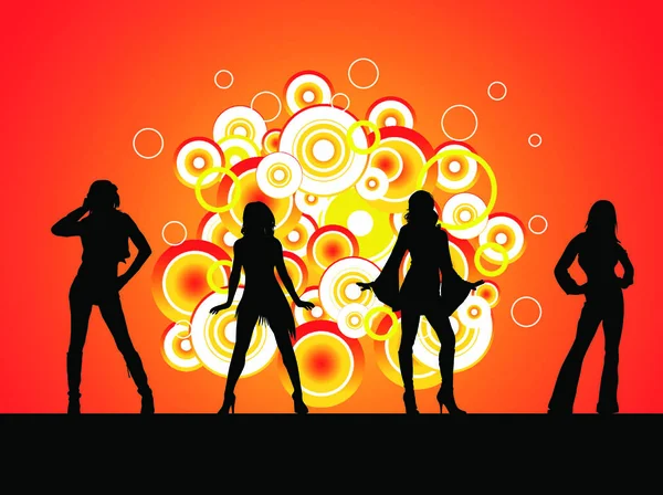 Vier Sexy Vrouwen Dansen Het Podium Met Bubbels Achter Hen — Stockvector