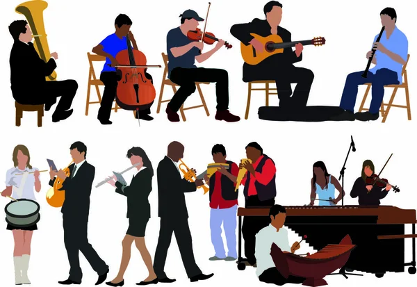 Ten Separated People Playing Different Instruments — Stock Vector