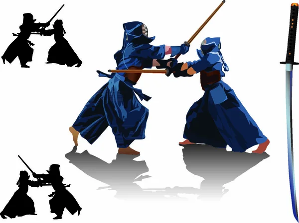 Två Kendo Fighters Traditionella Kläder Gör Motion Med Bambu Pinnar — Stock vektor