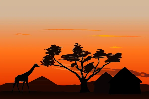 Girafe Près Petit Village Africain Coucher Soleil — Image vectorielle