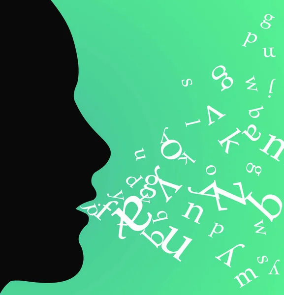 女性特征 说话和扔字母从她的嘴绿色背景 可用的病媒 — 图库矢量图片