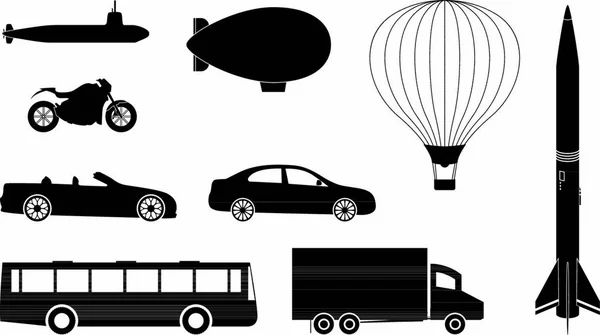 Σύνολο Διανυσματικών Οχημάτων Όπως Αυτοκίνητα Λεωφορεία Φορτηγά Υποβρύχια Και Αερόστατα — Διανυσματικό Αρχείο