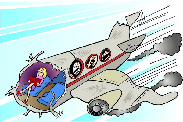 Vektorillustration Des Ruhigen Mädchens Das Buch Fallendem Flugzeug Liest — Stockvektor