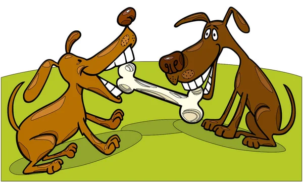 Ilustración Dibujos Animados Dos Perros Jugando Con Hueso — Vector de stock