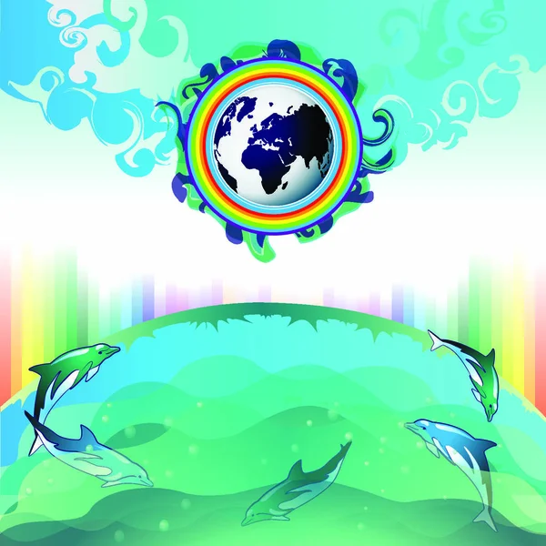 Eco Tierra Agua Limpia Ilustración Con Delfín Buceo — Vector de stock
