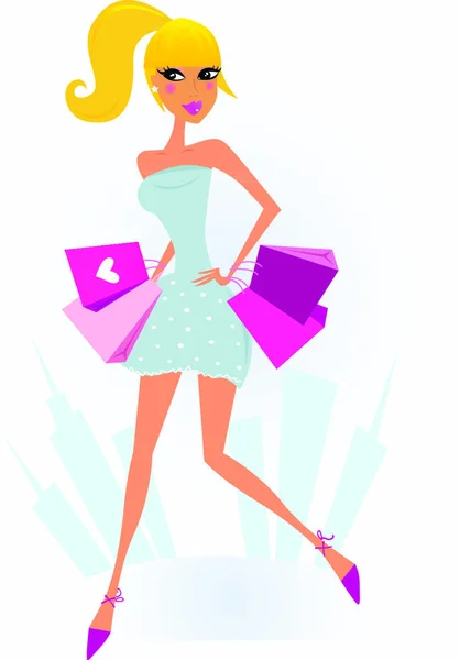 Muchacha Rubia Atractiva Con Bolsas Compras Color Rosa Compras Ilustración — Vector de stock