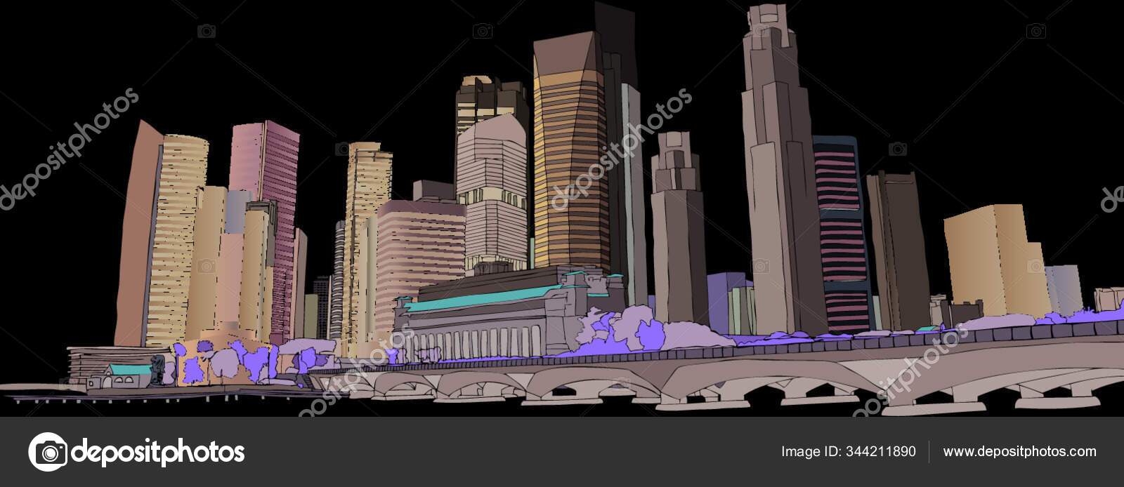 Hand Drawm Vector Illustration Singapore Skyscrapers Stock Vector Image ...