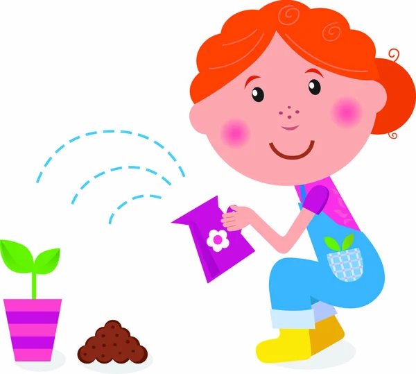 Chica Agricultora Está Plantando Una Pequeña Planta Maceta Rosa Ilustración — Vector de stock