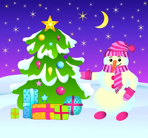 有雪人 礼物和圣诞树的卡片 — 图库矢量图片