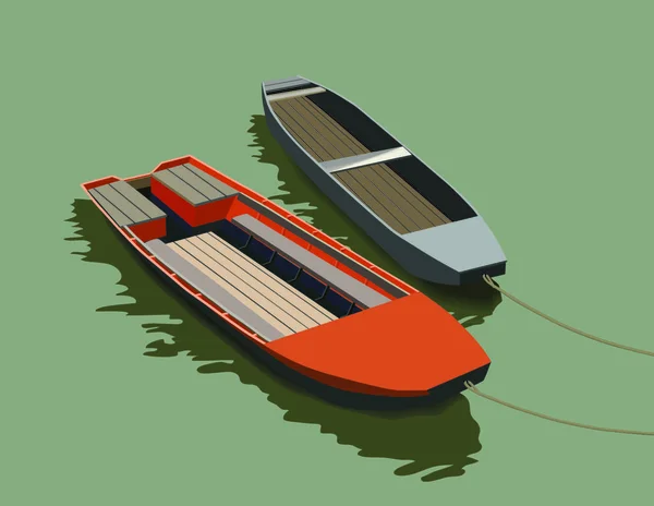 Δύο Βάρκες Επιπλέουν Στην Λεία Επιφάνεια Του Νερού — Διανυσματικό Αρχείο