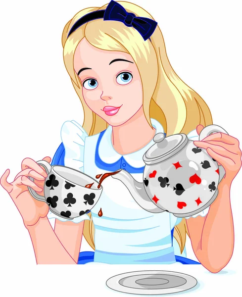 Alice Gießt Eine Tasse Tee Aus Dem Wasserkocher — Stockvektor