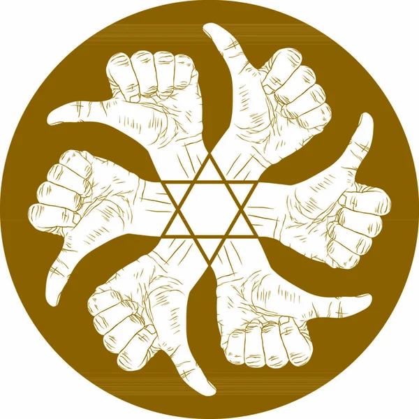 Hat Hüvelykujj Felfelé Mutató Kézjelek Kerek Absztrakt Szimbólum Hatszögletű Csillag — Stock Vector