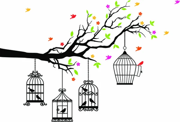 Libertad Rama Árbol Con Pájaros Jaula Abierta Para Pájaros Ilustración — Vector de stock