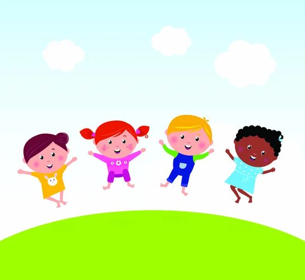 Happy Jumping Girls Boy Ilustração Vetorial Grupo Crianças —  Vetores de Stock