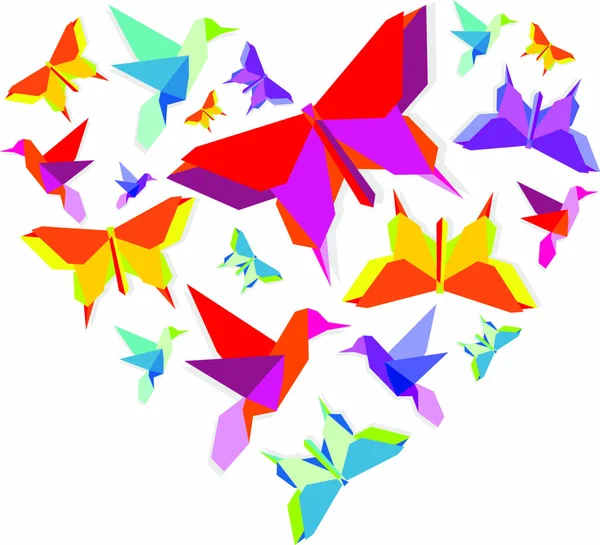 Origami Tavaszi Pillangó Madárcsoport Élénk Színű Paletta Szív Alakú — Stock Vector