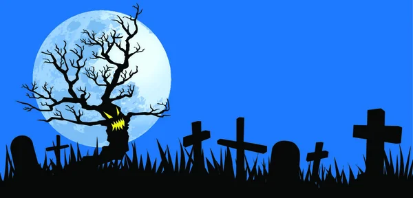 夜间插图 矢量格式 墓地中的邪恶树之间的光晕 — 图库矢量图片
