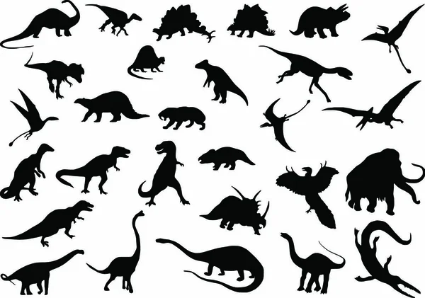 Dinozorların Diğer Tarih Öncesi Hayvanların Vektör Siluetleri — Stok Vektör