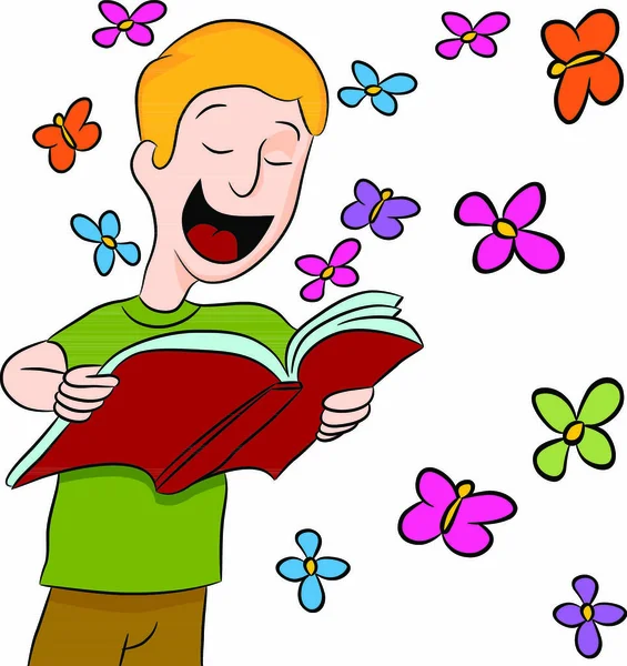 Una Imagen Niño Leyendo Libro Aire Libre Entre Mariposas Flores — Vector de stock