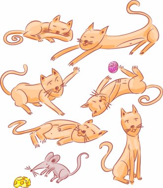 Six lazy cats and one mouse sketch illustrations clipart