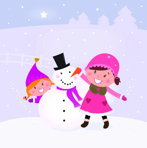 Felices Niños Sonrientes Trajes Invierno Haciendo Muñeco Nieve Ilustración Vectorial — Vector de stock