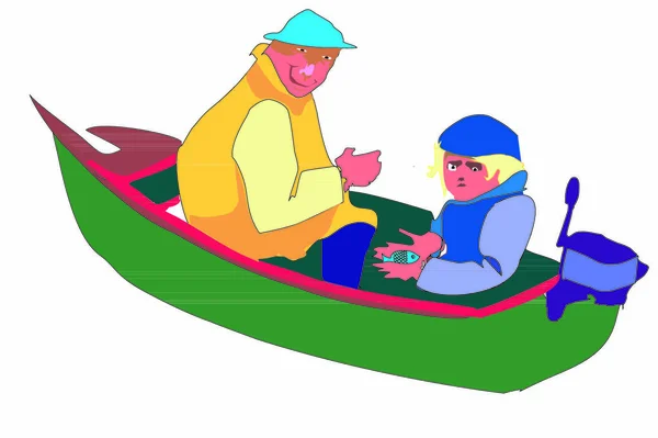 Two Men Young Old Boat — Stock Vector