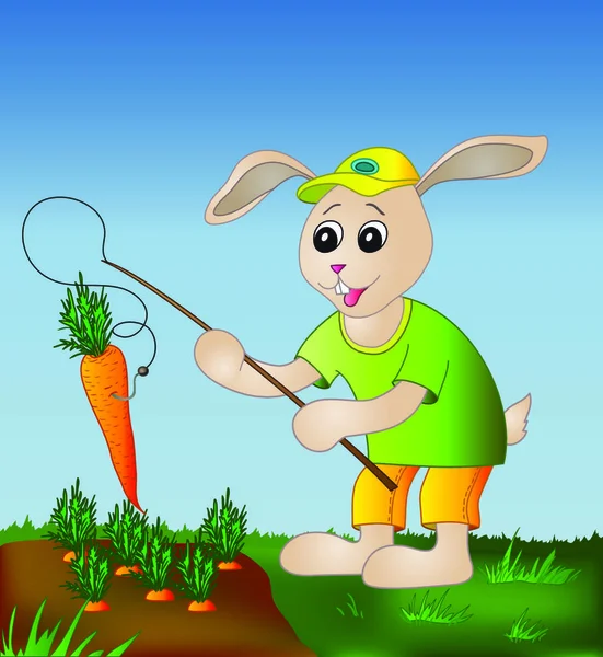 Conejo Con Aparejo Pesca Atrapa Zanahoria Cama — Vector de stock