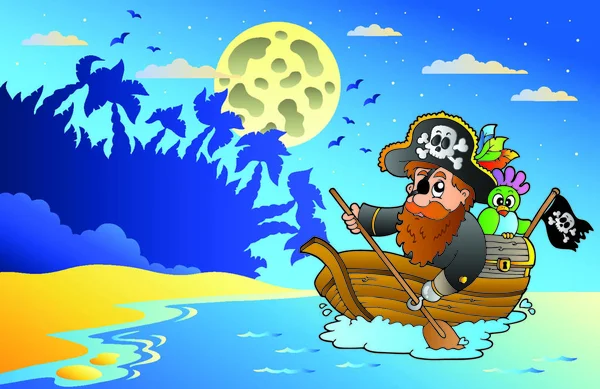 Paisaje Marino Nocturno Con Pirata Barco Ilustración Vectorial — Vector de stock