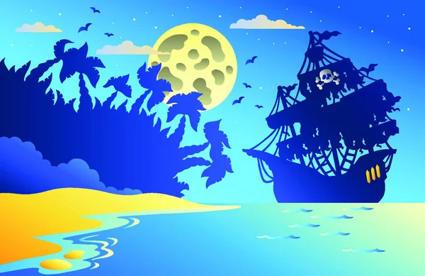 Paisaje Marino Nocturno Con Barco Pirata Ilustración Vectorial — Vector de stock