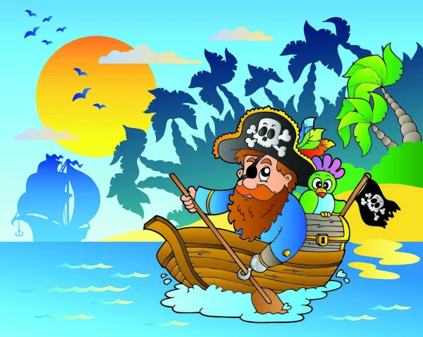 Pirata Remando Barco Cerca Isla Ilustración Vectorial — Vector de stock