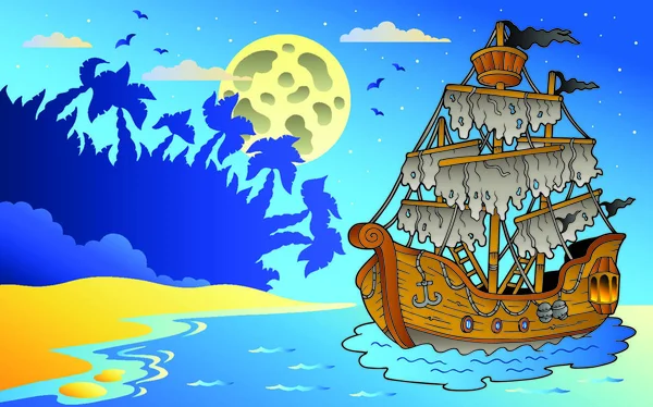 Paisaje Marino Nocturno Con Barco Misterioso Ilustración Vectorial — Vector de stock