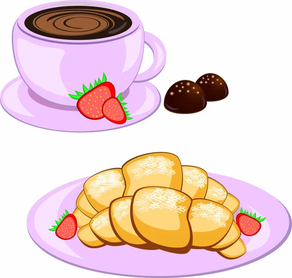 Frühstück Mit Kaffee Runden Becher Und Croissant — Stockvektor
