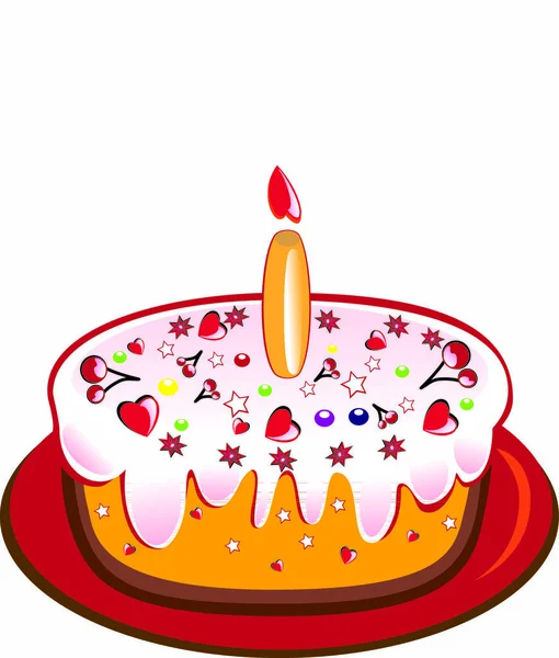 1つの光るキャンドルと誕生日ケーキ 白い背景のベクトルイラスト — ストックベクタ