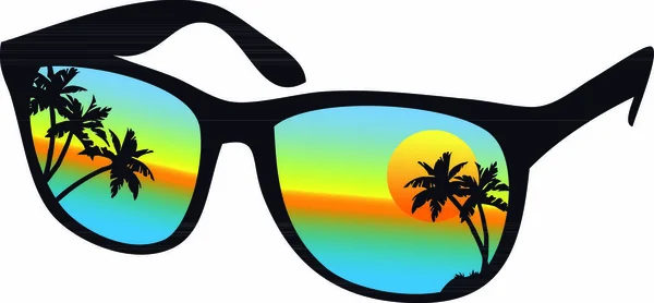 Gafas Sol Con Puesta Sol Mar Palmeras Vector — Archivo Imágenes Vectoriales