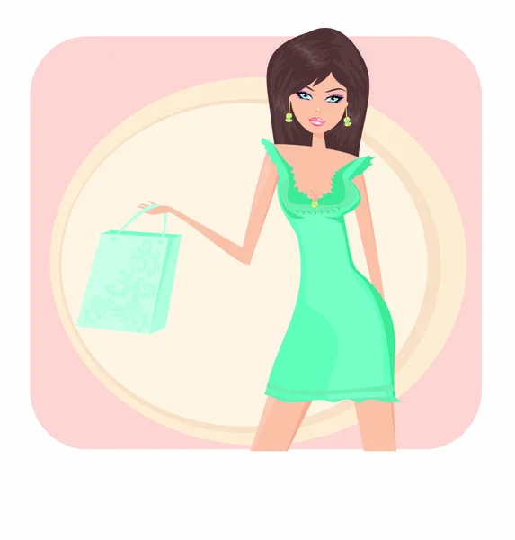 Glamour Chica Con Bolsa Compras — Vector de stock