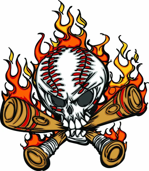 Immagine Cartone Animato Fiammeggianti Pipistrelli Baseball Cranio Con Pizzi Baseball — Vettoriale Stock