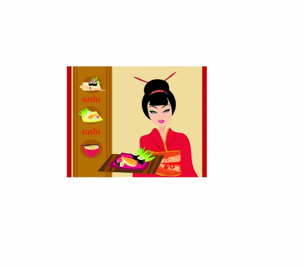 美丽的亚洲女孩喜欢寿司 菜单模板 — 图库矢量图片