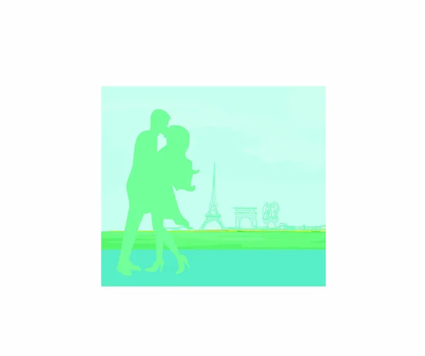 エッフェル塔の近くにキスをするパリのロマンチックなカップル レトロカード — ストックベクタ