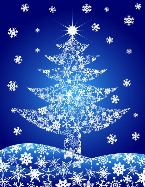 Silueta Árbol Navidad Con Copos Nieve Sobre Fondo Azul Ilustración — Vector de stock