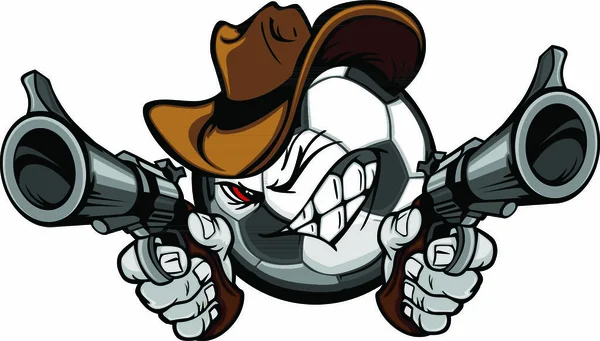 Fussball-Cartoon-Gesicht mit Cowboyhut und zielgerichteten Waffen — Stockillustration Fussball Cartoon Gesicht Mit Cowboyhut Und Zielgerichteten Waffen — Stockvektor