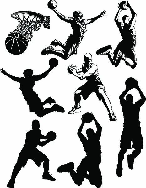 Jogadores Basquete Masculino Vector Silhouettes —  Vetores de Stock