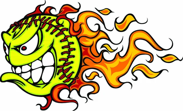 Cartoon Vector Image Flaming Fast Pitch Softball Angry Face — Stockový vektor