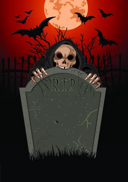 Halloween Horrible Grim Reaper Sur Pierre Tombale — Image vectorielle