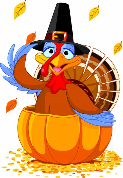 Illustration Thanksgiving Turkey Pilgrim Hat Pumpkin — Stock Vector
