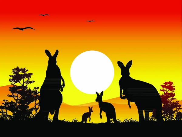 Vector Illustration Silhouette Kangaroo Family Landscape Background — Stock Vector
