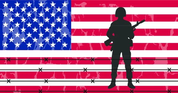 Американский Флаг Солдатом Эффектом Гранжа — стоковый вектор