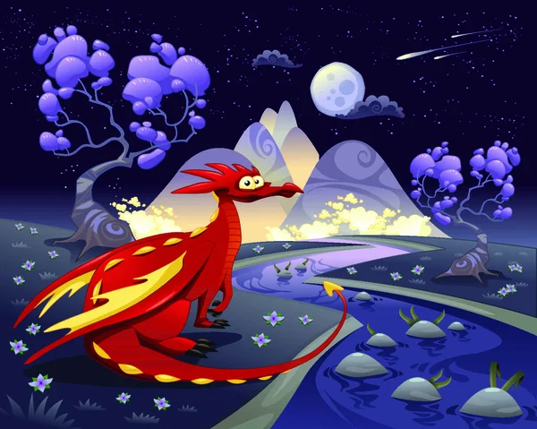 Dragón Paisaje Noche Dibujos Animados Ilustración Vectorial Objetos Aislados — Vector de stock