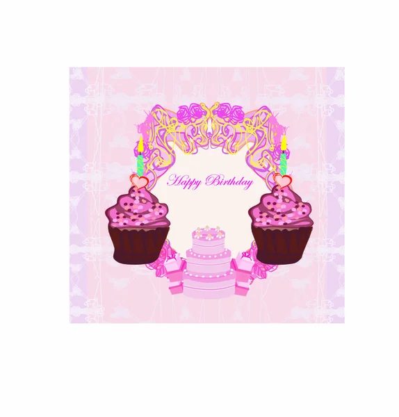 Illustrazione Carina Carta Cupcakes Retrò Buon Compleanno Card — Vettoriale Stock