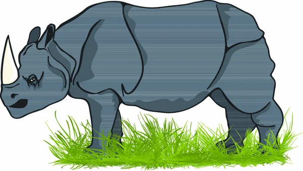 Large Rhinoceros Bull Grass Cartoon Art — Stock Vector